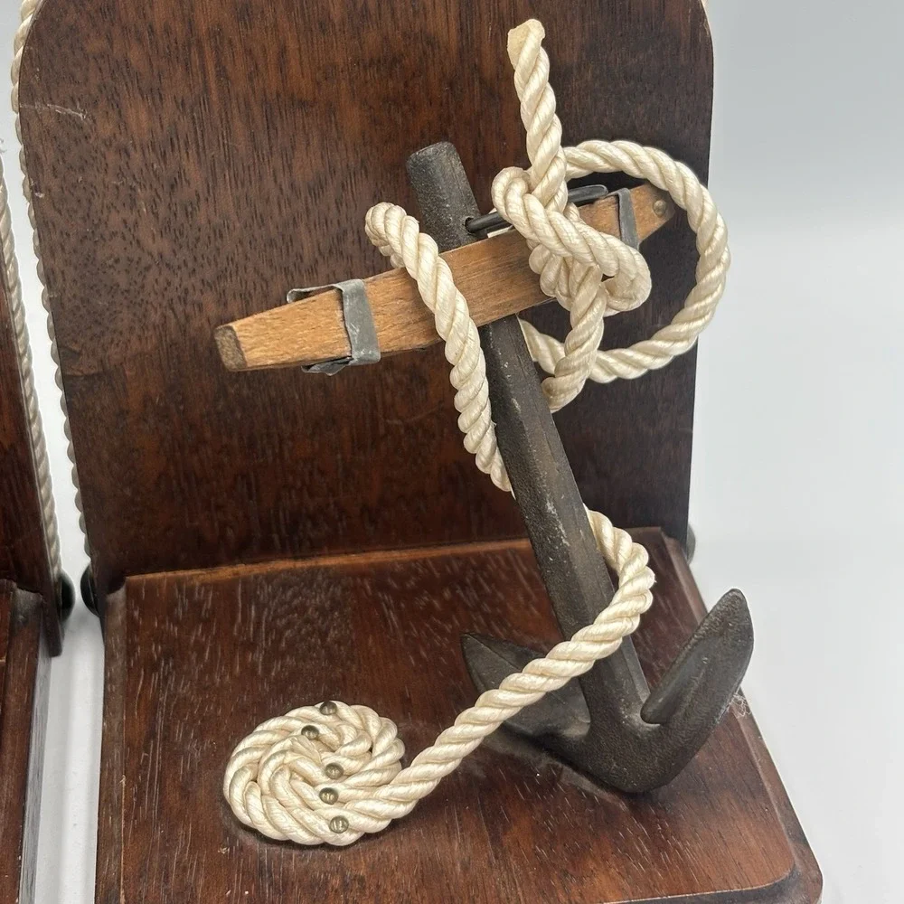Vintage Nautical Theme Bookends Wood & Rope with Cast Iron Anchors